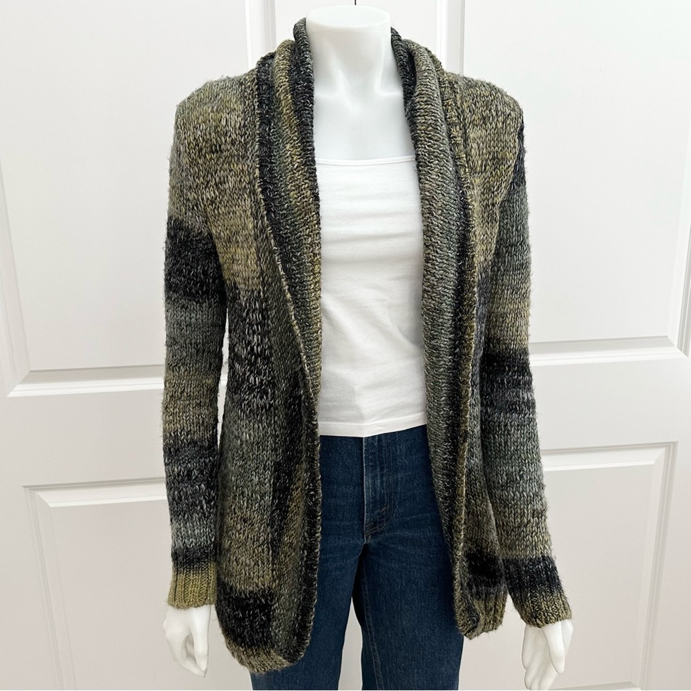 Yarn Knit Earth Tone Fall Shawl Collar Open Front Wool Blend Cardigan Sweater